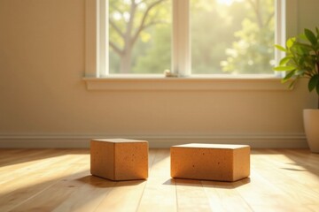 Sunlight streams through a window illuminating two rectangular blocks on a hardwood floor in a tranquil room