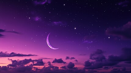 A beautiful purple night sky featuring stars and a crescent moon