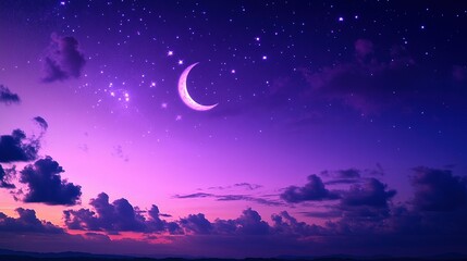Beautiful purple night sky featuring crescent moon and twinkling stars