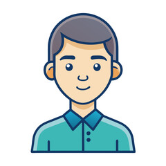 Male Character Avatar Vector Illustration, A vector illustration of a young male character with short dark hair, wearing a teal shirt with a collar, ideal for digital designs.
