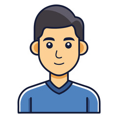 Male Character Avatar Vector Illustration, A vector illustration of a young male character with short black hair, wearing a blue shirt, suitable for digital projects.
