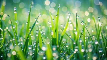 Fototapeta premium Vibrant Green Blades of Grass Adorned with Sparkling Morning Dew Drops Reflecting Sunlight