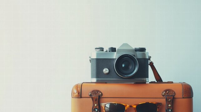 Vintage camera and retro sunglasses placed on stylish suitcase for travel enthusiasts and photography lovers. Generative AI