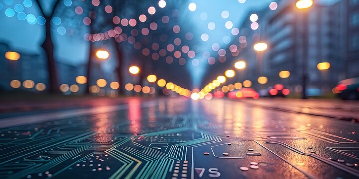 Abstract Bokeh Circuit Board on the Road Futuristic Technology Background Wallpaper