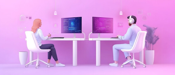 Collaborative digital workspace modern office graphic illustration futuristic environment eye-level view technology concept