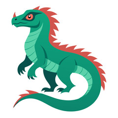 Cartoon dinosaur vector illustration, A vibrant vector illustration of a cartoon dinosaur with green scales and red spikes, ideal for animal and fantasy themes.
