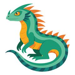 Cartoon lizard vector illustration, A colorful vector illustration of a cartoon lizard with green scales and spiky back, ideal for animal or fantasy themes.
