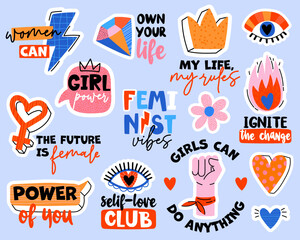 Feminist set of sticker. Vector illustartion with signs and slogans