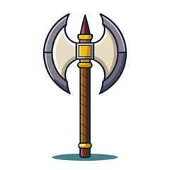 Double-Headed Axe with Sharp Tip, A detailed illustration of a double-headed axe with sharp steel blades and a pointed tip, featuring a wooden handle, designed for fantasy or medieval combat.
