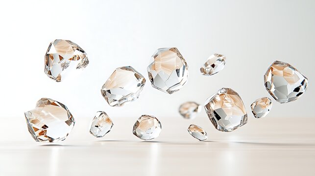 Floating crystal gems display studio setting product photography minimalist background high-definition detail
