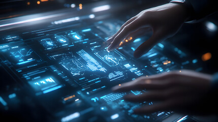 UI with floating digital windows, graphs, and interactive touch controls 