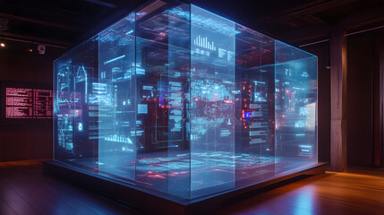 control panel with floating icons, graphs, and high-tech data visualization 