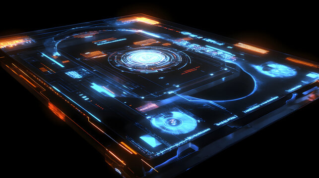 control panel with floating icons, graphs, and high-tech data visualization 