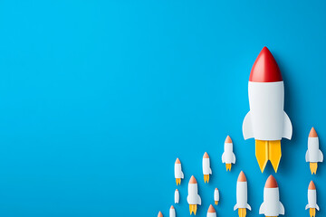 Rocket launch event blue background digital illustration sci-fi theme top view innovation concept