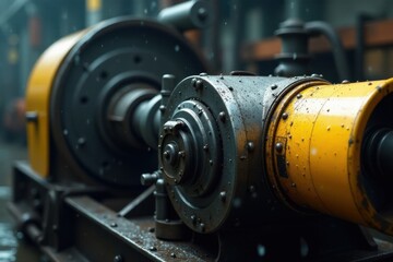 A Close-Up View of Industrial Machinery Showing Gritty Texture and Yellow Accents under a Light Rain