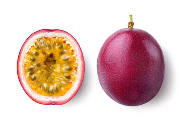 Passion fruit with cut in half isolated on white. Clipping path.