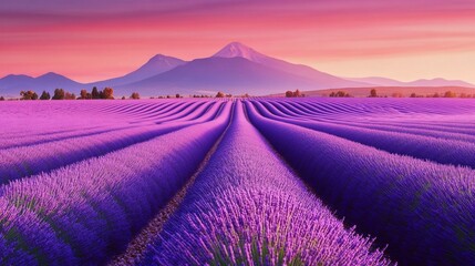 Fototapeta premium Lavender field at sunrise, mountain backdrop