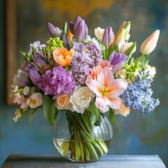 "Flower Arrangements with Easter Lilies, Tulips, and Hyacinths in a Vase. Pastel Colors, Springtime Feel."