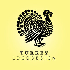 Black Turkey Logo with Fanned Tail on Yellow Gradient Background for Branding, Farm, Agriculture, Thanksgiving, Business, Creative Design, and Corporate Identity Concepts
