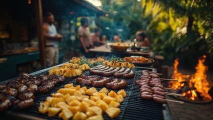 tropical barbecue feast with pineapple and sausages grill amidst a lush backyard setting