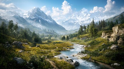 Serene Mountain Valley Landscape with River
