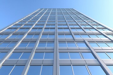 Modern Glass Skyscraper Under A Clear Blue Sky  A Low Angle View Of A Modern Building's Facade