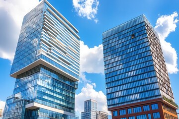 Obraz premium Modern Glass High Rise Buildings Against Azure Sky With Clouds And Reflections Of Sky In Glass