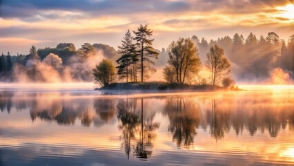 Obraz premium Serene Lakeside Sunrise with Mist and Reflections in Calm Water