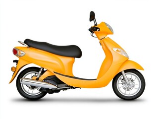 Studio shot of a yellow scooter on a white background. The scooter is shown from the side, with details like the wheels, seat and exhaust clearly