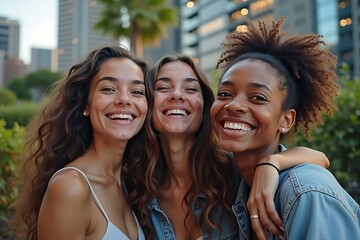 Fototapeta premium Cheerful multicultural friends taking a selfie together in an urban outdoor setting with modern cityscape and greenery 