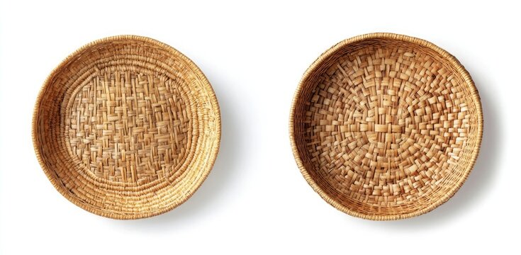Rattan basket plate, top view and side view isolated on a white background