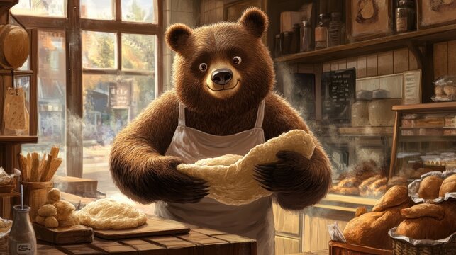 The Baker Bear's Delight: A whimsical illustration of a friendly bear baker crafting fresh bread in his charming bakery shop.