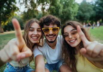 Three friends sitting on the grass at an outdoor park, smiling and making peace signs with their hands