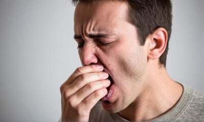 Fototapeta premium Close Up Portrait of Man Experiencing Discomfort, Covering Mouth, Neutral Background