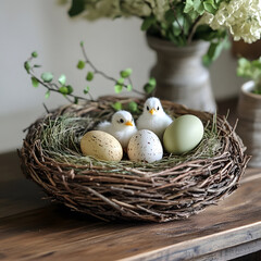 "A Table Centerpiece with a Woven Grass Nest Containing Eggs and Tiny Chicks. Rustic, Handmade Look."