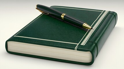 A green leather-bound notebook with a gold pen resting on top, showcasing elegance and readiness for writing