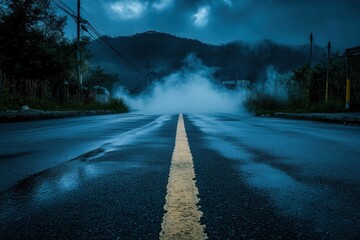 Moody Night Road Vanishing Into Misty Mountainscape with Path Line and Weather Effect Pathways and