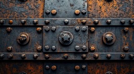 Rusty metal texture, bolted panels, grunge background, industrial design