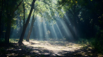 Fototapeta premium forest scene with sunlight streaming through the branches, casting patterns of light and shadow on the ground below 