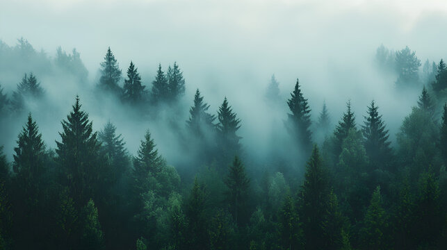 view of a misty forest with tall trees shrouded in morning fog, creating an ethereal and quiet environment 