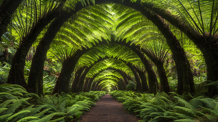 woodland scene with trees arching overhead, creating a canopy of leaves that provides shade to the vibrant green ferns below 