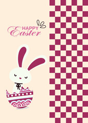 Happy Easter. Flat vector illustration. Abstract backgrounds, checkered pattern with cute bunny for the Easter holiday. Poster, banner, flyer. 