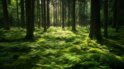 Obraz premium forest with a carpet of ferns and soft moss underfoot, shaded by a canopy of mature trees with sunlight streaming through 