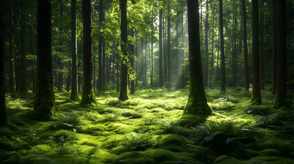 forest with a carpet of ferns and soft moss underfoot, shaded by a canopy of mature trees with sunlight streaming through 