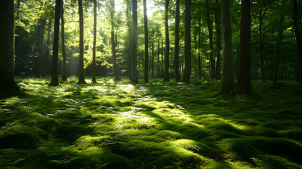 Obraz premium forest with a carpet of ferns and soft moss underfoot, shaded by a canopy of mature trees with sunlight streaming through 