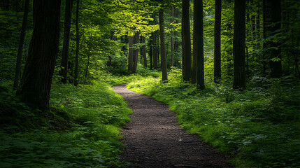 Obraz premium forest path surrounded by vibrant green foliage and towering trees, leading into a peaceful natural sanctuary 