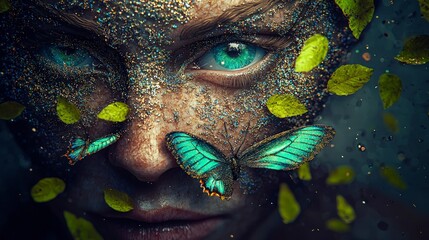Surreal AI Face Glitter Butterflies Leaves Nature Fantasy Art