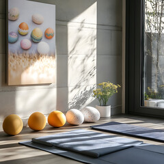 "Gym or Yoga Room with Easter-Themed Motivational Posters and Towels, Promoting an Active and Healthy Lifestyle."