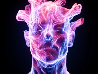Obraz premium Abstract neon pink and blue smoke forming a futuristic human face on a dark background symbolizing artificial intelligence and digital transformation in high tech conceptual illustration