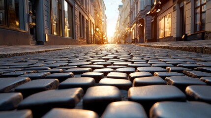 Cobblestone street illuminated by sunset in a charming urban setting